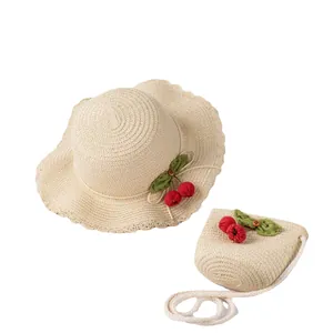 Straw sun hat and matching crossbody bag set with cherry decoration for girls