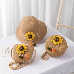 Kids Summer Sunflower Straw Hat Crossbody Bag Set Sun Protection Wide Brim Beach Hat For Girls Women Outdoor Vacation