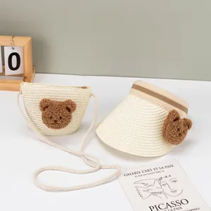 Kids cream straw sun visor hat and crossbody bag set with brown teddy bear detail