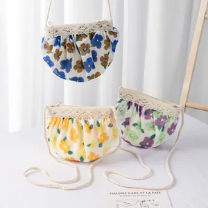 Bolso Bandolera Floral Niñas Aspecto Paja Mini Monedero Encaje Dulce Estilo Pastoral Pequeño Bolso de Mensajero Para Diario