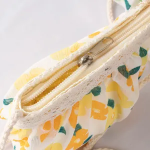 Bolso de paja floral para niñas con adorno de encaje y cremallera, estilo minimalista