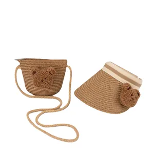 Kids summer straw hat and bear bag set in khaki with sun protection for girls and boys