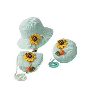 Mint green straw hat and handbag set with sunflower detail for girls sun protection