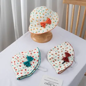 Baby Girls Sweet Floral Bucket Hat Cotton Breathable Sun Protection Summer Fisherman Cap With Bow For Infant Toddler