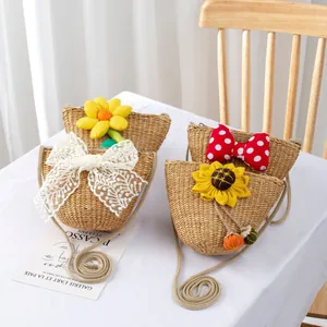Handmade Woven Straw Crossbody Bag For Girls Kids Sunflower Bow Lace Princess Coin Purse For Summer Beach Vacation accessory