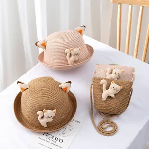 Kids cute cat ear straw hat and matching bag set for sun protection in pink and brown