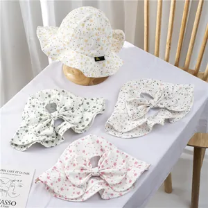 Cute Baby Girl Floral Sun Hat Cotton Wide Brim Bucket Hat With Bow Chin Strap For Infants Toddlers Summer Outdoor Beach