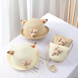 Kids cartoon cat ear straw hat and shoulder bag set for summer sun protection