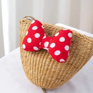 Handmade heart-shaped straw crossbody bag with red polka dot bow for girls