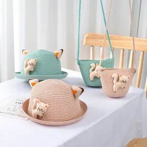 Kids cute cartoon cat ear straw hat and matching bag set in mint green and pink colors