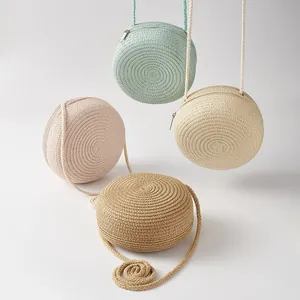 Mignonne Sacoche Ronde en Paille Tissée pour Enfants Filles Mini Sac à Bandoulière de Plage Été Petit Sac à Main