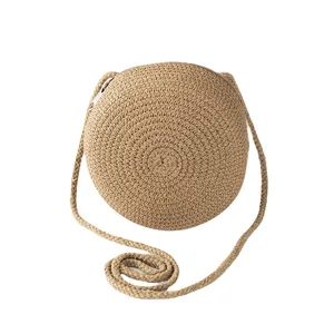 Sac bandoulière rond en paille pour enfants avec fermeture éclair et tissage kaki naturel