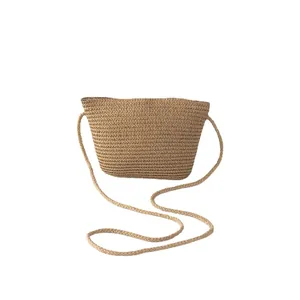 Petit sac bandoulière en paille tissé main pour filles, sac de plage d'été marron clair
