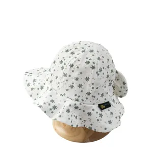 Girls floral sun hat with wide brim and wave edge for summer outdoor protection