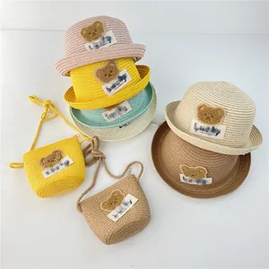 Kids Summer Straw Sun Hat And Crossbody Bag Set Breathable Sun Protection Rolled Brim Round Top Cartoon Bear Decor