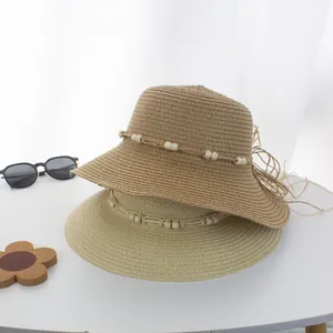 Damen Sommer Strohhüte für den Strand mit Holzperlen und Schleifen in Khaki und Beige
