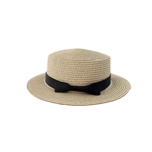 Classic straw boater hat for women with black grosgrain ribbon and bow detail