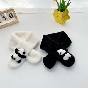 Kids Plush Panda Scarf Cartoon Warm Thick Faux Fur Neck Warmer For Boys Girls Winter Soft Cross Over Scarf Cute Neck Wrap