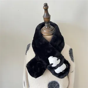 Winter plush panda scarf for kids featuring a soft faux fur neck warmer in black