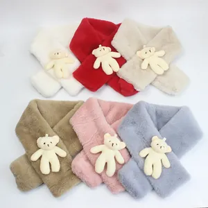 Winter faux rabbit fur scarves for kids featuring cute plush bear decorations in six colors