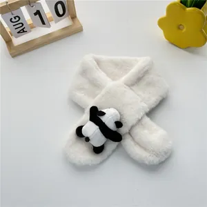 Detail of white plush scarf with cute 3D panda doll and cross-over pull-through design