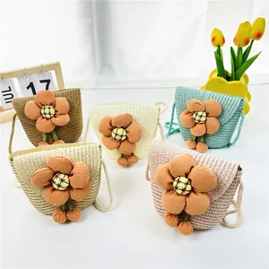 Stroh-Umhängetaschen für Kinder mit Sonnenblumen-Design in fünf bunten Farben