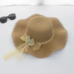 Damen Sommer Strohgeflecht Sonnenhut Breite Wellenkante Netzschleife Schmetterling Perlenimitat Dekoration Strand Reise Outdoor Sonnenschutz Hut