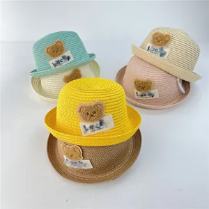 Breathable children's straw hats with plush bear patch and Lucky label in five colors