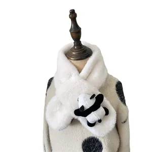 Plush white scarf for kids with cute panda doll accessory and soft thick fleece material