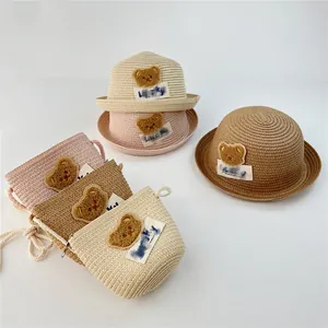 Kids lucky bear straw sun hat and matching crossbody bag set in beige pink and khaki