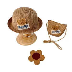 Kids straw sun hat and matching crossbody bag set with cute plush bear patch decoration