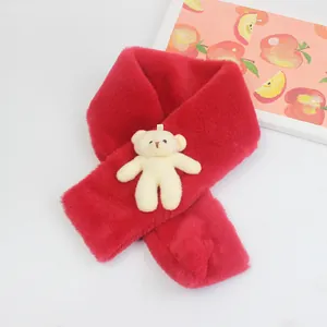 Winter cartoon bear plush scarf for kids in soft red faux fur with easy cross-loop style
