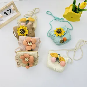 Kinder Stroh Umhängetasche Niedliche Sonnenblume Kirsche Schleife Dekoration Kleine Klappe Geldbörse Für Mädchen Sommer Reise Mode