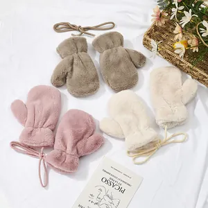 Plush faux rabbit fur mittens for children with fleece lining and neck string in three colors