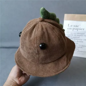 Kids Cartoon Dinosaur Corduroy Bucket Hat Autumn Winter Soft Warm Fisherman Cap For Baby Toddler Boys Girls Outdoor Sun Protection Windproof Hat