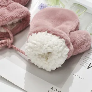Pink plush mittens for kids with warm lamb wool lining and convenient neck strap