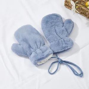 Detail of light blue fleece gloves with thick white lining and a hanging neck strap