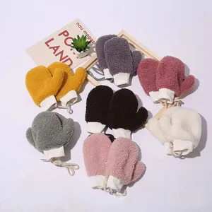 Damen Kinder Sherpa Fleece Fäustlinge Winter Warm Verdickt Handschuhe Mit Nackengurt Hängeseil Rippbündchen Einfarbig Outdoor Mitts