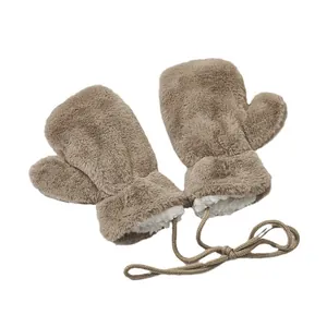 Thick plush children's mittens in light coffee with warm fleece lining and neck string