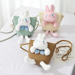 Kids Mini Straw Crossbody Bag With Cute Plush Rabbit Decoration Cartoon Animal Shoulder Bag For Little Girls Summer Fashion