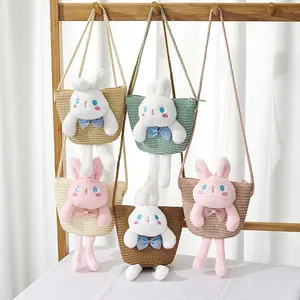 Kids cute cartoon woven straw crossbody bags with 3D rabbit decor in various colors