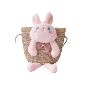 Cute girls straw crossbody bag with pink plush bunny doll and pearl bow decoration