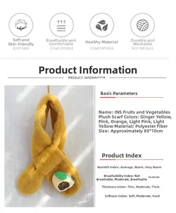 Detailed chart showing polyester scarf specifications and cute avocado plush decoration