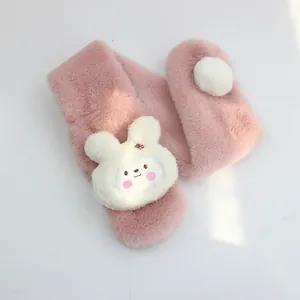 Pink plush children's scarf with a cute 3D bunny and white pompom for winter
