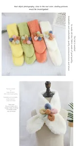 Detail showing colorful fleece scarves with floral accents and soft lambskin texture