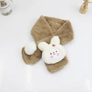 Detail of coffee plush scarf with cute white rabbit and fluffy pompom ornament