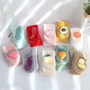 Thick plush kids scarf set in multi colors with cute cartoon fruit and vegetable decor