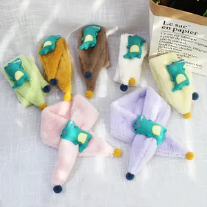 Kids Winter Warm Plush Scarf Cartoon Crocodile Mouse Decoration Cross Faux Fur Neck Warmer With Pom-poms Children Scarf