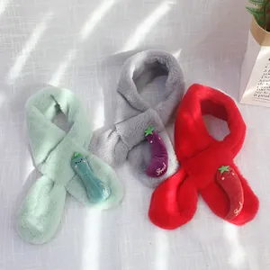 Kids plush warm scarf set in green grey and red with cartoon vegetable decor