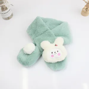 Detailed plush texture of mint green kids scarf with cute white bunny rabbit attachment